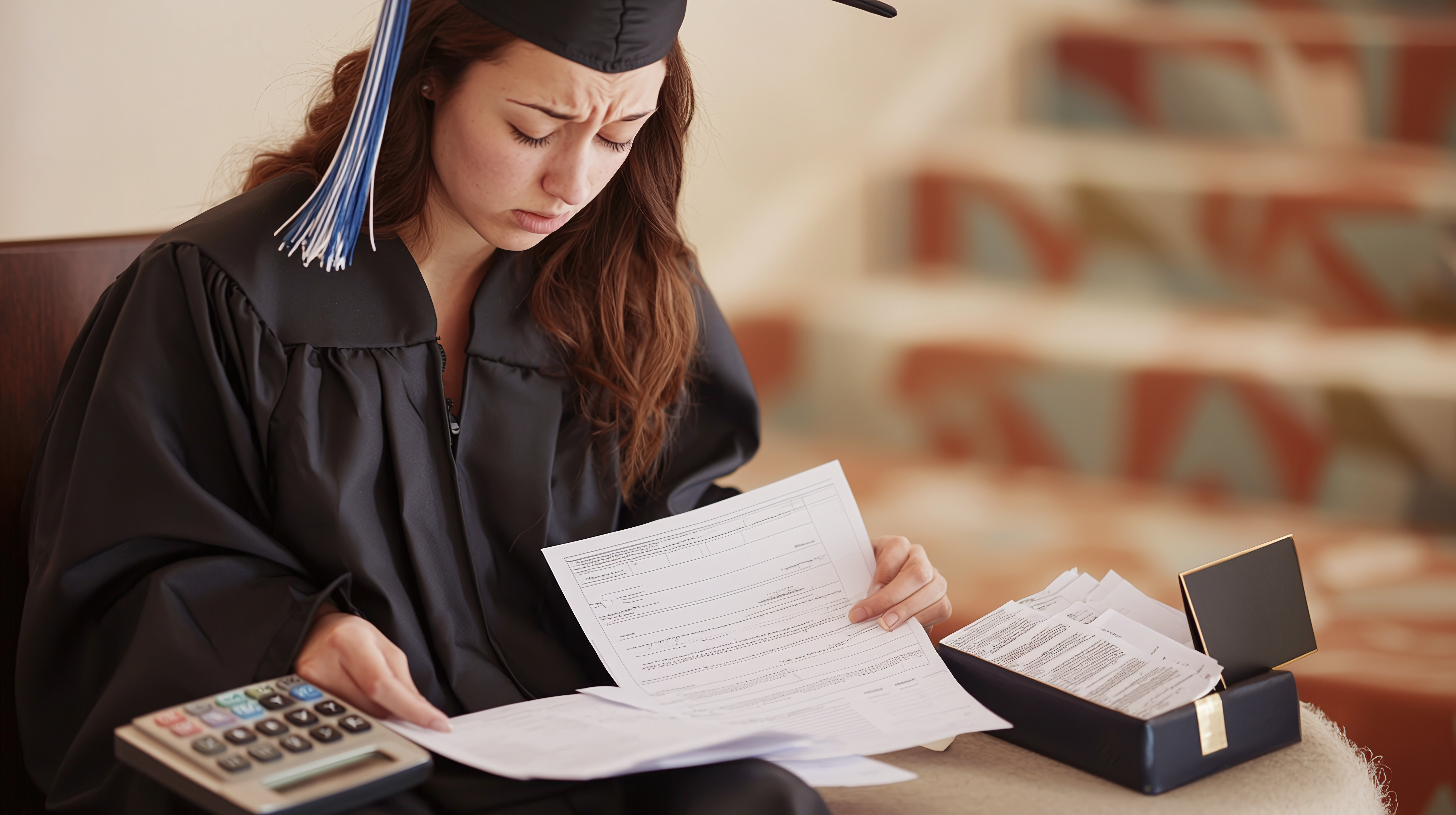 A young graduate sitting on a couch in her graduation outfit. She is worriedly leaning over the documents related to her student loan and trying to find a way to cope with the repayment