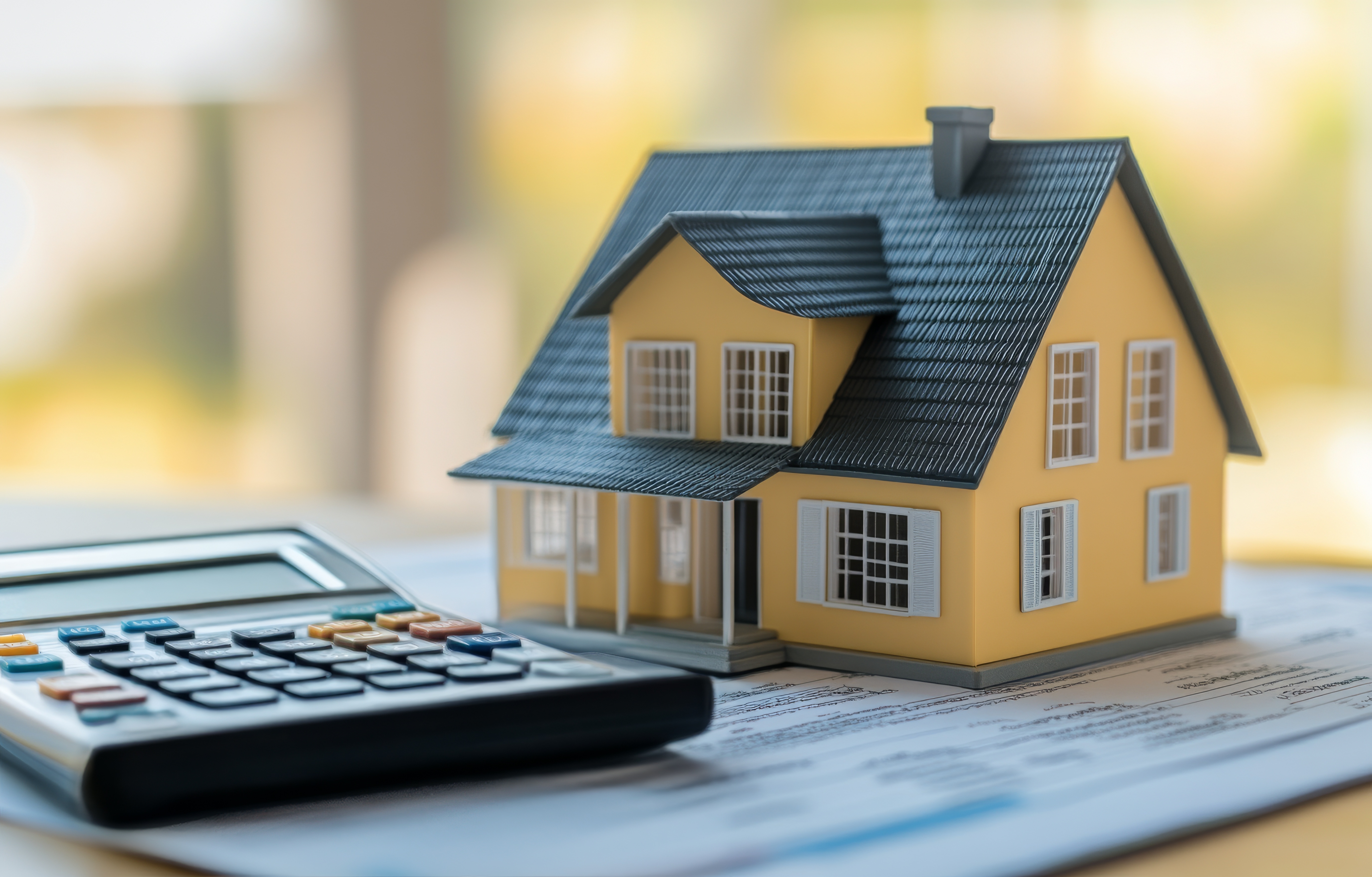 Model of a yellow house placed on top of financial documents alongside a calculator, symbolizing mortgage calculations and home loan options.