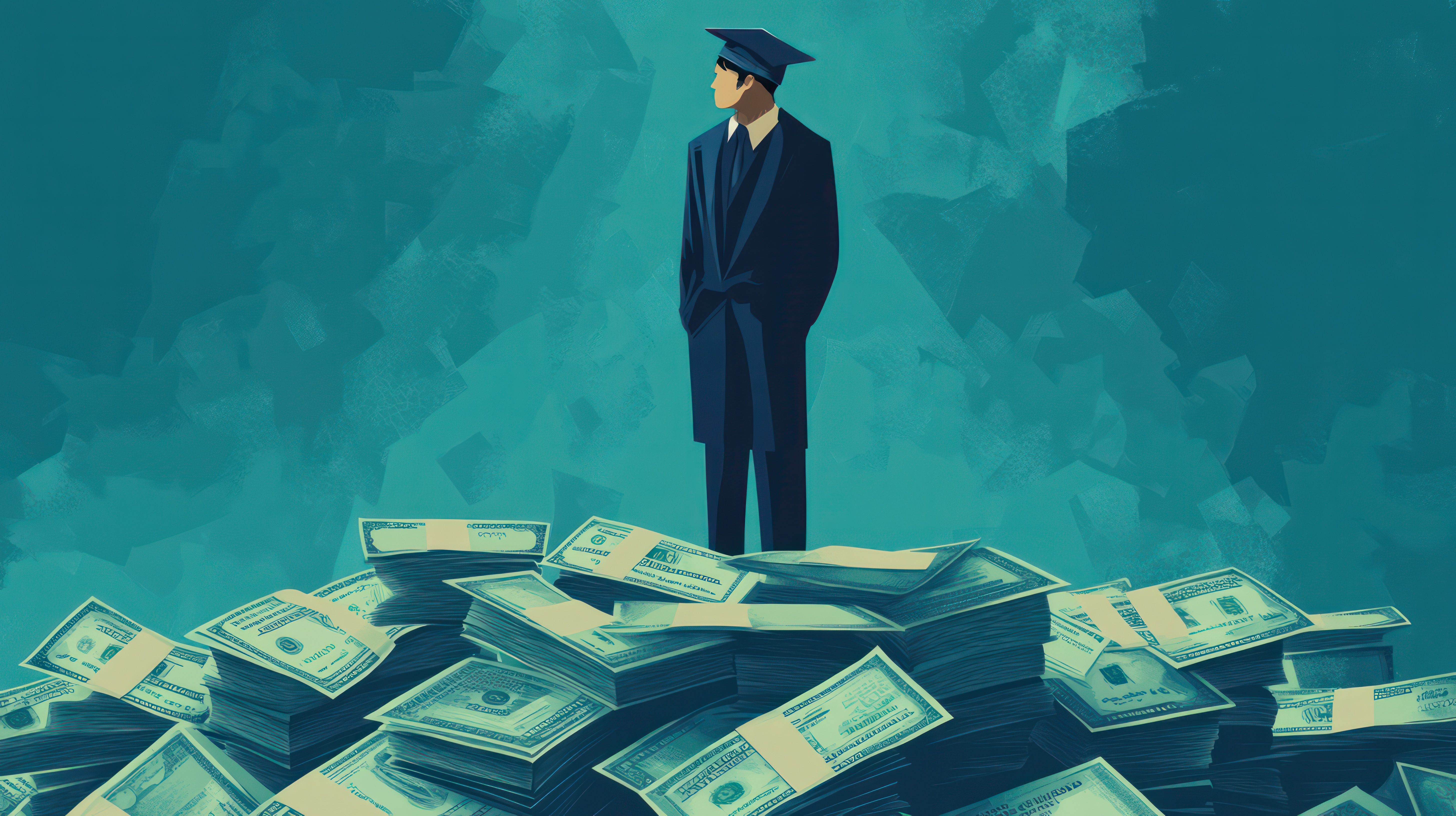 Illustration of a person in a graduation cap and gown standing on piles of cash, symbolizing the financial cost or value of education.