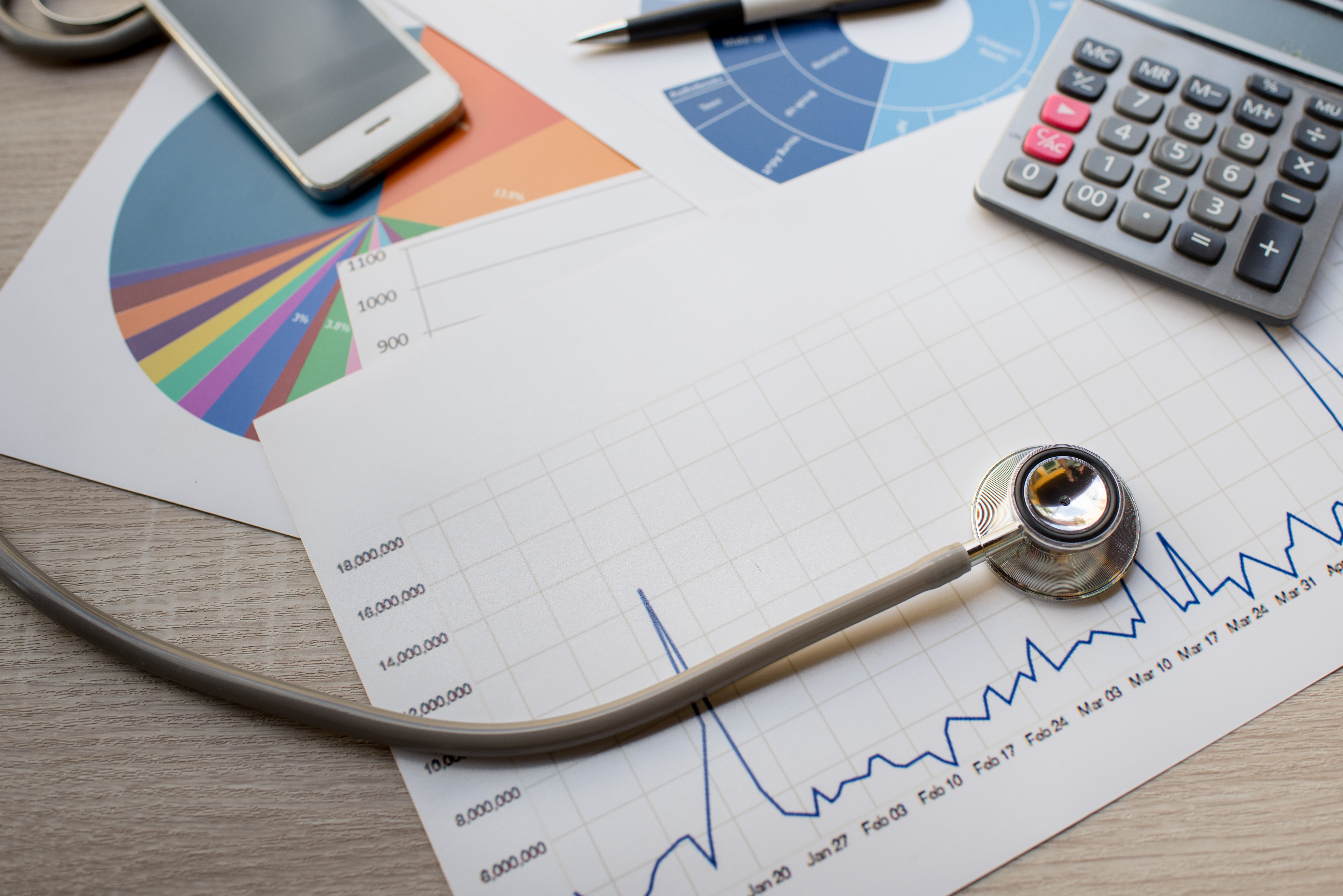 A desk with financial and healthcare elements, including a stethoscope, calculator, smartphone, and charts showing graphs and pie charts.