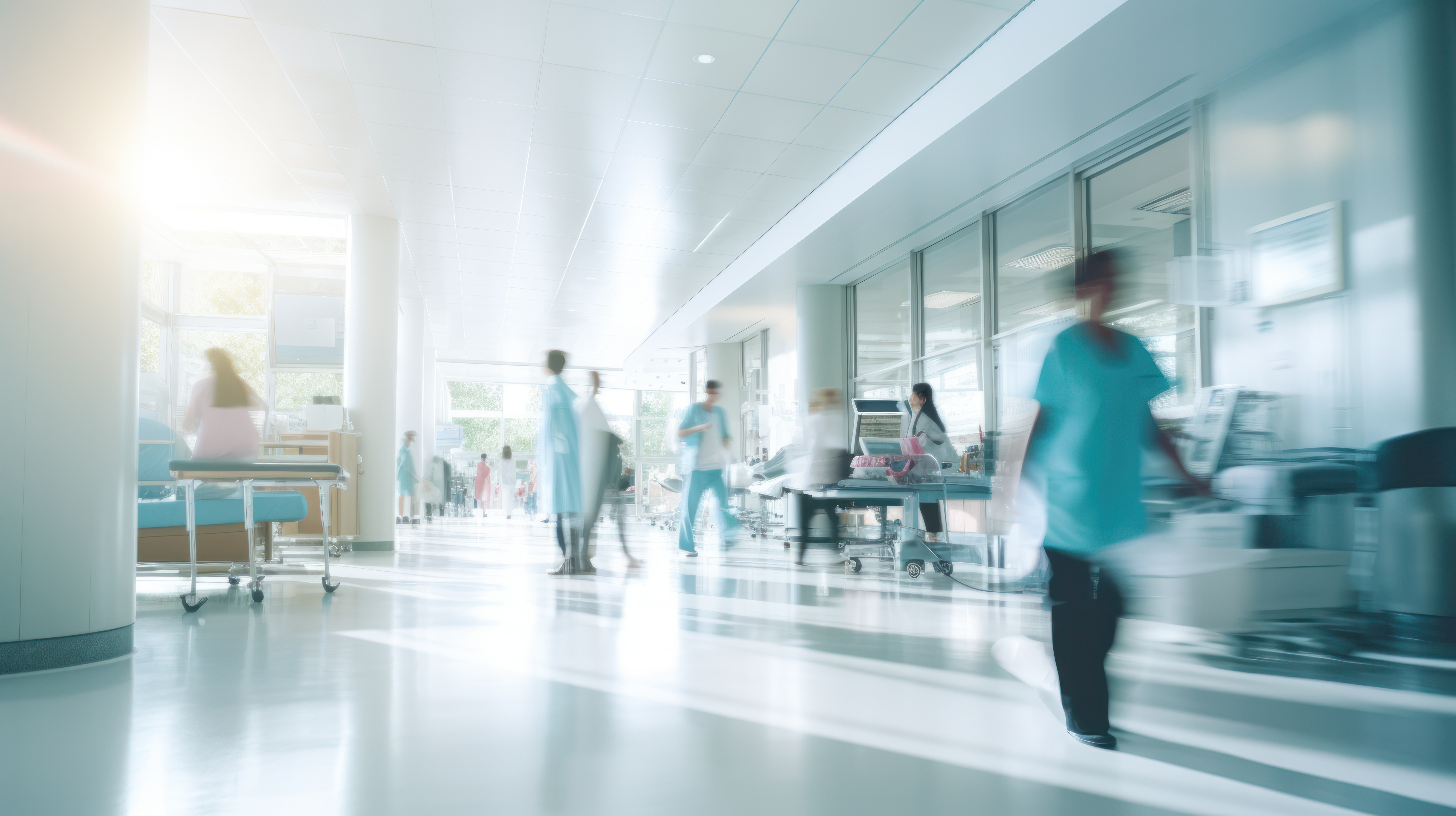 Medical professionals walking through a bright hospital hallway with blurred motion, showing the fast-paced environment in healthcare facilities.