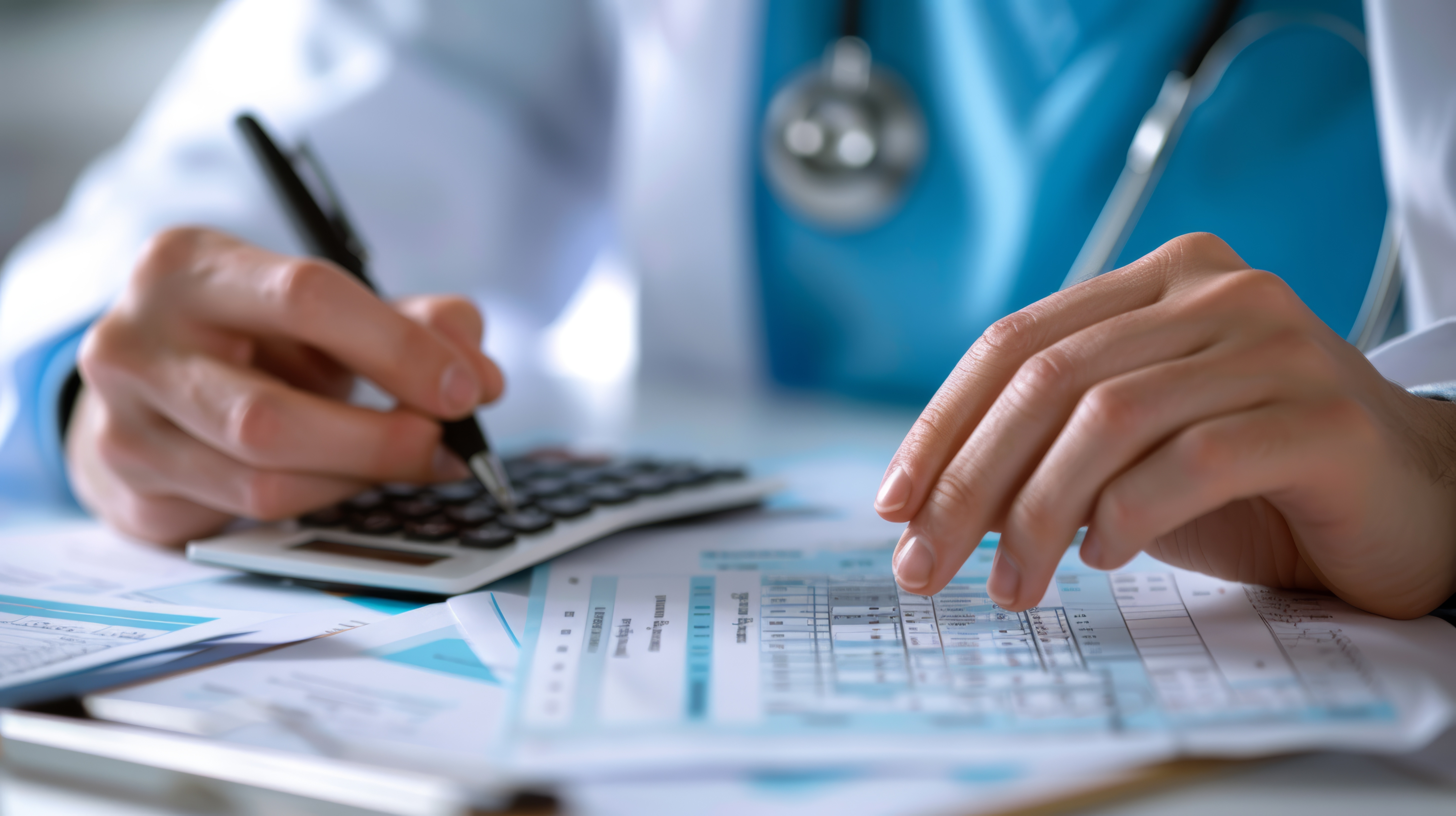 Doctor reviewing financial documents and using a calculator, highlighting tax planning and deduction strategies for medical professionals.