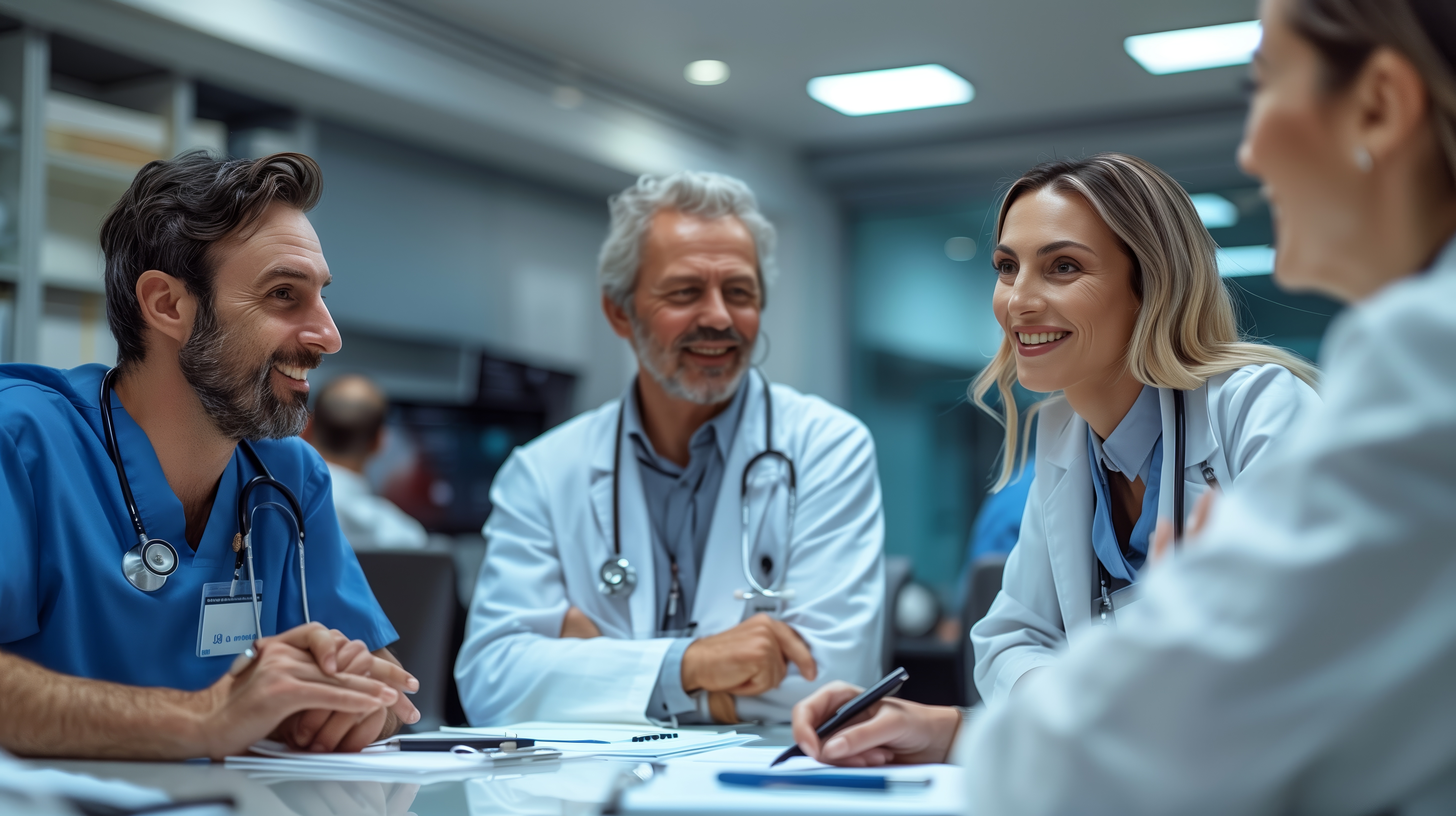 A group of medical professionals in a hospital meeting room. They are engaged in a positive and collaborative discussion, with two men and two women smiling and interacting around a table. The scene suggests teamwork and a supportive working environment in healthcare.