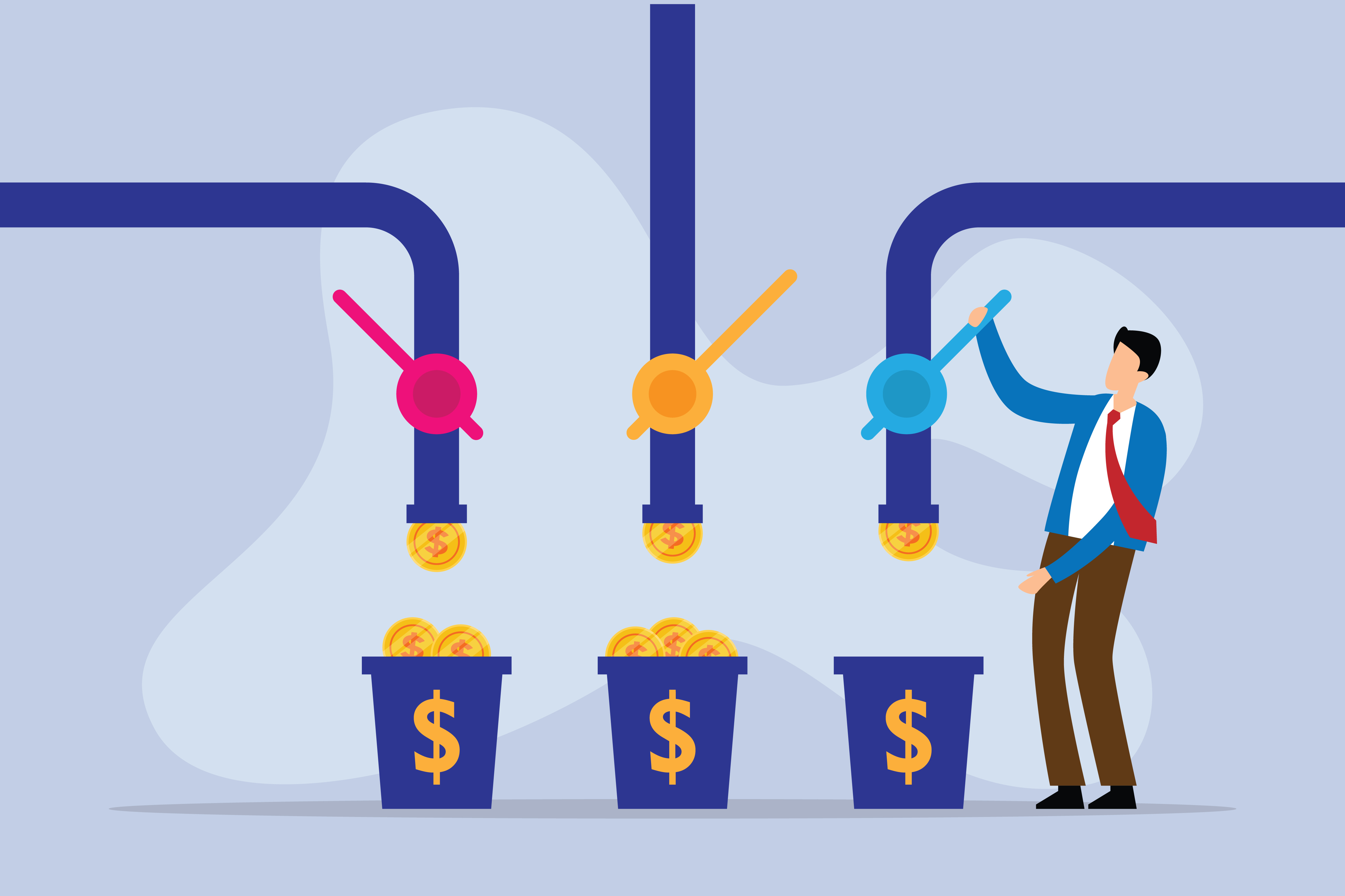 Illustration of a person controlling a faucet releasing coins into a bucket, representing the concept of managing multiple income streams.