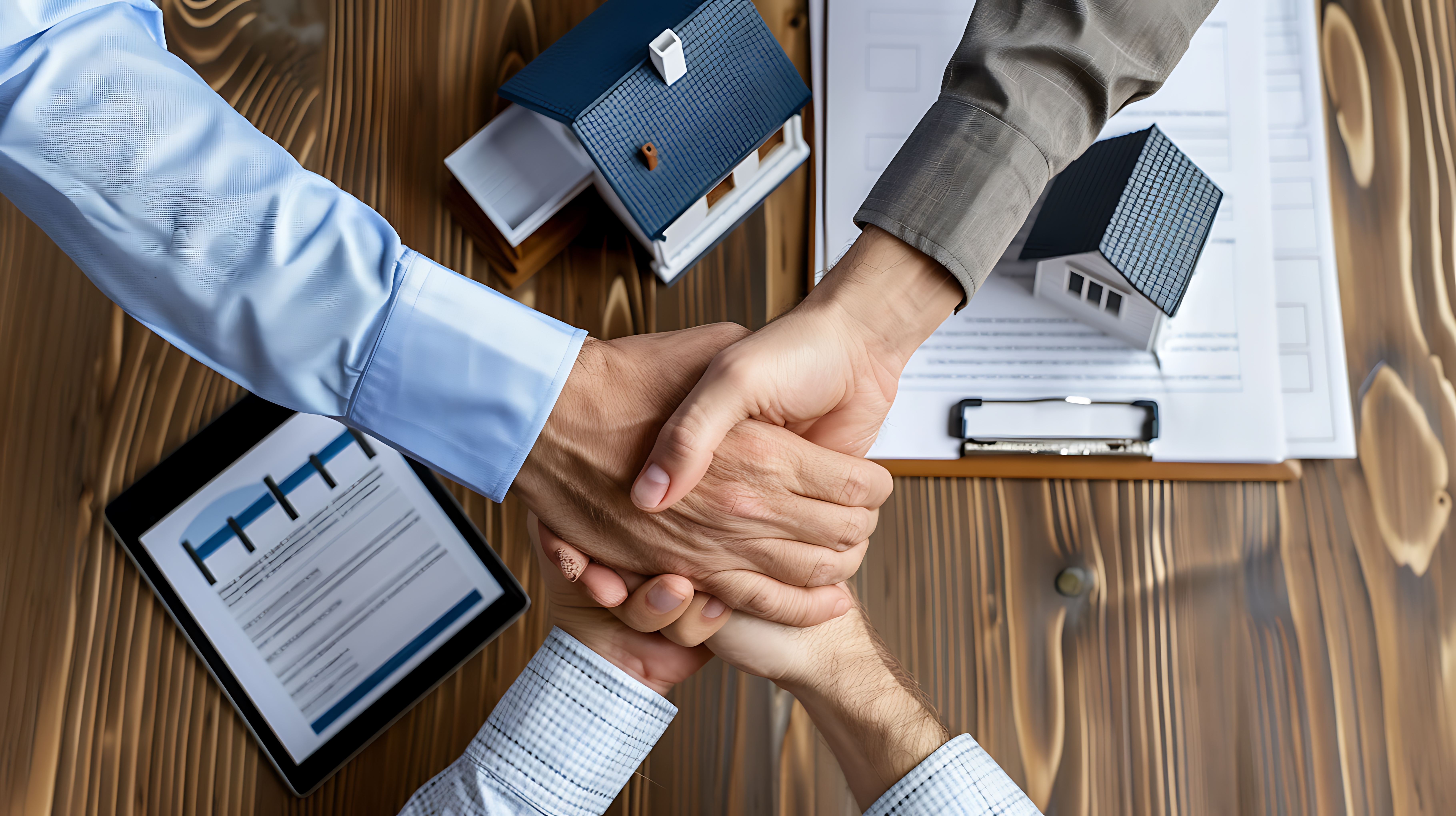 Three hands in a handshake over a wooden table, with model houses, financial documents, and a tablet displaying a chart in the background, symbolizing a real estate agreement or home mortgage deal